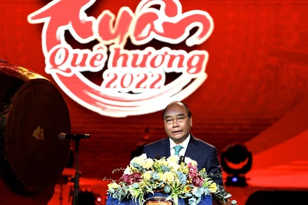 Chủ tịch nước Nguyễn Xuân Phúc đọc diễn văn chúc Tết Nhâm Dần. (Ảnh: TTXVN)