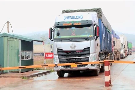 Hàng hóa thông quan tại cửa khẩu quốc tế Móng Cái. (Ảnh: TTXVN)