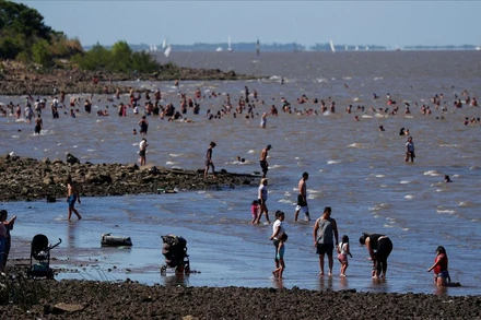 Người dân Argentina ra sông Rio de la Plata để tránh nắng nóng ngày 9/1. Ảnh: Reuters.