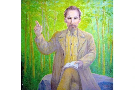 Tranh sơn dầu Bác Hồ nói chuyện với cán bộ kháng chiến ở rừng Thông-Ðông Sơn-Thanh Hóa của tác giả Hoàng Hoa Mai.