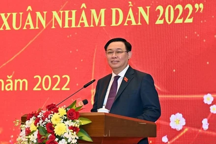 Chủ tịch Quốc hội Vương Đình Huệ phát biểu chúc Tết nhân dịp Xuân Nhâm Dần 2022. (Ảnh: Duy Linh)