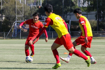 Đội tuyển Việt Nam chia đôi lực lượng đá đối kháng. (Ảnh: VFF)