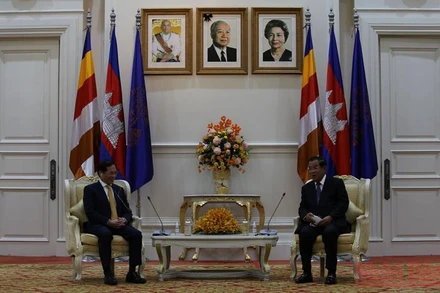 Bộ trưởng Bùi Thanh Sơn chào xã giao Thủ tướng Campuchia Samdech Techo Hun Sen (Ảnh: Nguyễn Hiệp)