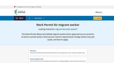 Thông tin về giấy phép lao động cho người lao động di cư trên website của Bộ Nhân lực Singapore. (Ảnh:mom.gov.sg/)