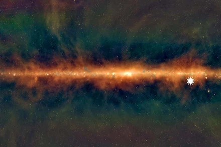 Hình ảnh dải Ngân hà từ kính thiên văn Murchison Widefield Array. Biểu tượng ngôi sao hiển thị vị trí của vật thể phát sóng bí ẩn. Ảnh: Tiến sĩ Natasha Hurley-Walker và Nhóm GLEAM.