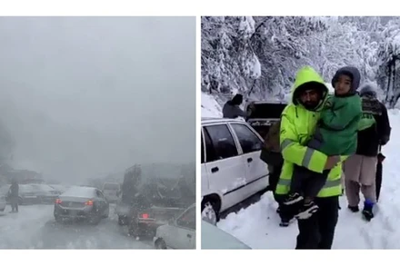 Ôtô mắc kẹt ở thị trấn Murree (ảnh trái) và nhà chức trách thực hiện chiến dịch cứu hộ khi tuyết rơi dày đặc trên đồi. (Nguồn: thenews.com.pk)