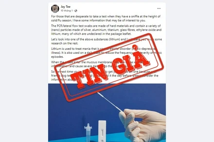 Ảnh chụp màn hình bài đăng trên mạng xã hội Facebook đưa tin sai sự thật về tăm bông lấy mẫu xét nghiệm Covid-19.