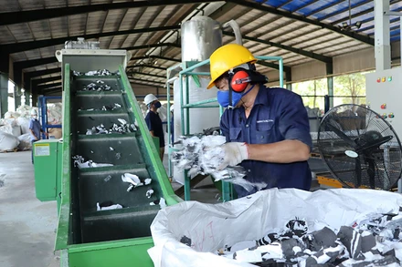 Rác thải nhựa được tái chế thành ván ép để xuất khẩu tại Công ty Thanh Tùng 2.