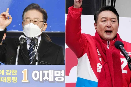 Hai ứng cử viên chính trong cuộc tranh cử tổng thống Hàn Quốc: ông Lee Jae-myung của Đảng Dân chủ cầm quyền (trái) và ông Yoon Suk-yeol của của đảng đối lập chính Sức mạnh quốc dân. (Nguồn: asia.nikkei.com/TTXVN)