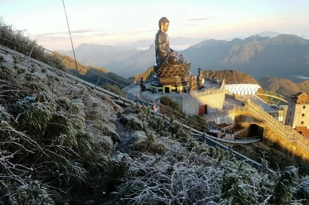 Sương muối phủ trắng đỉnh Fansipan, ngày 18/1/2022. (Ảnh: TTXVN)