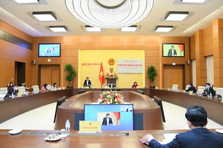 Ủy ban Pháp luật họp phiên toàn thể theo hình thức trực tuyến kết hợp trực tiếp. (Ảnh: Cổng thông tin điện tử Văn phòng Quốc hội)