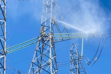 Công nhân Công ty Truyền tải điện 3 vệ sinh sứ hotline trên đường dây đang mang điện.