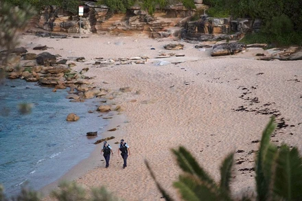 Cảnh sát tuần tra trên bãi biển Little Bay, bang New South Wales, Australia sau vụ cá mập tấn công gây chết người, chiều 16/2. (Ảnh: The Sydney Morning Herald)