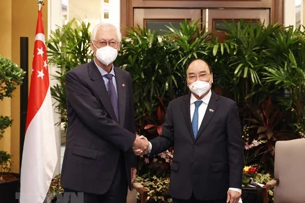 Chủ tịch nước Nguyễn Xuân Phúc tiếp Nguyên Thủ tướng Singapore Goh Chok Tong. (ẢNH: THỐNG NHẤT/TTXVN)