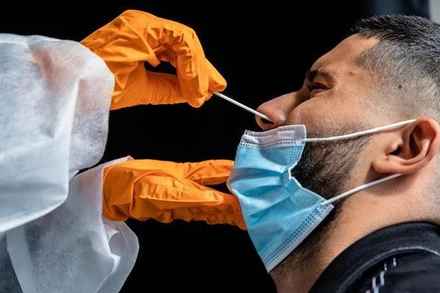 Nhân viên y tế lấy mẫu xét nghiệm Covid-19 tại Paris, Pháp, ngày 31-8-2020. (Ảnh: THX/TTXVN)