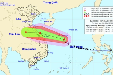 Vị trí và hướng di chuyển của bão số 5. (Nguồn: kttv.gov.vn)