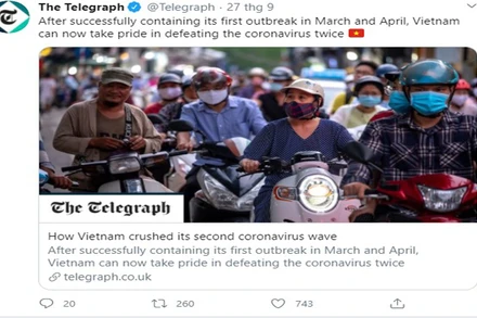Telegraph chia sẻ bài báo ca ngợi công tác phòng chống dịch Covid-19 của Việt Nam trên tài khoản Twitter chính thức của tờ báo này. 