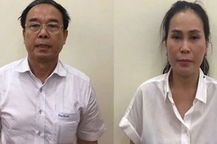 Bị cáo Nguyễn Thành Tài (trái) nhận mức án tám năm tù; bị cáo Thúy nhận mức án năm năm tù.