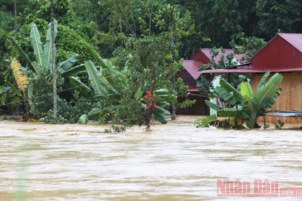 Nước lũ gây ngập nhà dân ở thị trấn Prao, huyện Đông Giang, tỉnh Quảng Nam.