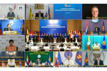 Hội nghị cấp Bộ trưởng Lao động và Giáo dục ASEAN về Phát triển nguồn nhân lực cho thế giới công việc đang đổi thay tổ chức trực tuyến kết hợp trực tiếp (Ảnh: Molisa). 