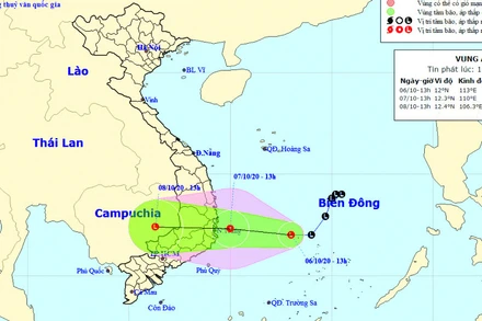 Vị trí và hướng di chuyển của vùng áp thấp. (Nguồn: kttv.gov.vn)