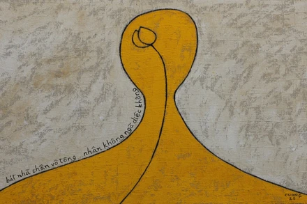 Họa sĩ Lê Thiết Cương "vẽ thơ Thiền" của Vua Lê Thái Tông bằng chất liệu bột màu trên vải màn, với phong cách tạo hình tối giản. 