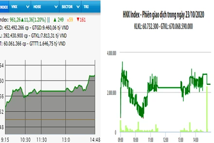 Diễn biến VN-Index và HNX-Index, phiên giao dịch ngày 23-10. 