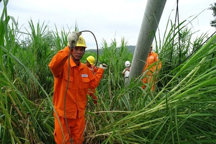 Công nhân xí nghiệp dịch vụ Điện lực Phú Yên đang thi công dựng lại cột điện bị ngã đổ tại xã An Mỹ, huyện Tuy An, Phú Yên (Ảnh: Trình Kế)