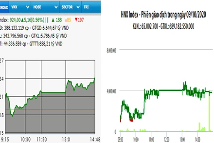 Diễn biến VN-Index và HNX-Index phiên giao dịch ngày 9-10. 