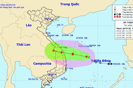 Vị trí và hướng di chuyển của áp thấp nhiệt đới. (Nguồn: kttv.gov.vn)