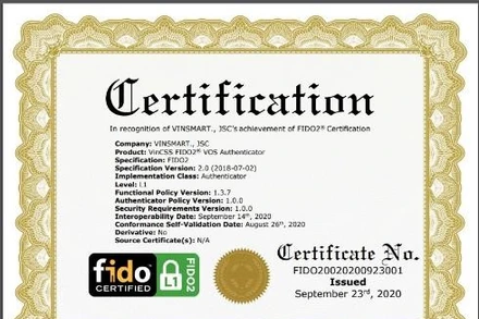VOS của VinSmart đạt chứng nhận FIDO2 từ Liên minh Xác thực trực tuyến FIDO Alliance.