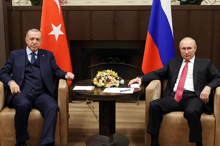 Tổng thống Nga Vladimir Putin (phải) và Tổng thống Thổ Nhĩ Kỳ Recep Tayyip Erdogan (trái) tại cuộc gặp ở Sochi, Nga, ngày 29/9/2021. (Ảnh: AFP/TTXVN)