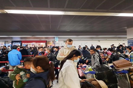 Công dân Việt Nam ở Đông Âu chờ làm thủ tục lên máy bay về nước.