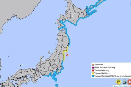 Vị trí xảy ra động đất (dấu X màu đỏ). Ảnh: Cơ quan Khí tượng Nhật Bản