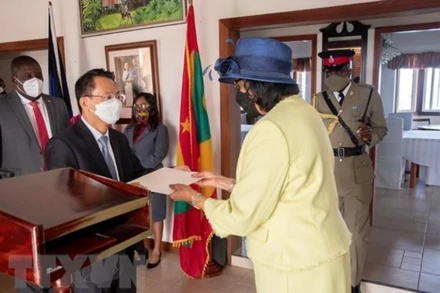 Đại sứ Lê Viết Duyên trình Quốc thư lên Tổng Toàn quyền Grenada, bà Cecile La Grenade. (Ảnh: TTXVN phát)