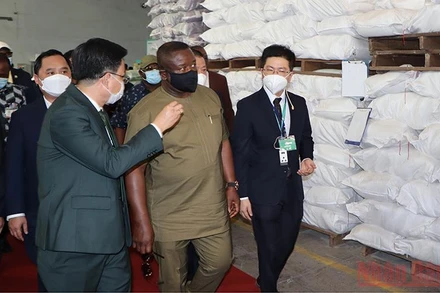 Đoàn Tổng thống nước Cộng hòa Sierra Leone tham quan nhà máy gạo Angimex tại thành phố Long Xuyên.