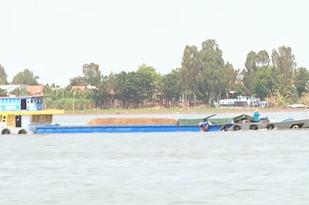 Xà lan chở cát trên sông Tiền.