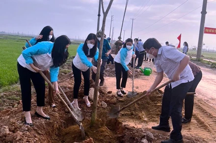 Các đại biểu dự Lễ phát động trồng một triệu cây xanh tham gia trồng cây xanh tại khu vực Đồng Nghè, xã Thạch Hạ (TP Hà Tĩnh). 