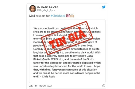 Ảnh chụp màn hình một trong những bài đăng phát ngôn bịa đặt liên quan đến vụ ồn ào giữa Will Smith và Chris Rock tại Oscar 2022.