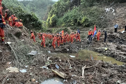Nỗ lực tìm kiếm hộp đen của chiếc máy bay trong điều kiện địa hình và thời tiết không thuận lợi. (Ảnh: Nhân Dân Nhật báo)
