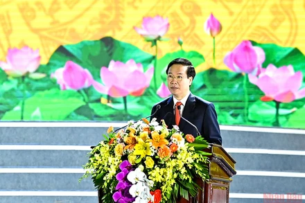 Đồng chí Võ Văn Thưởng, Ủy viên Bộ Chính trị, Thường trực Ban Bí thư, phát biểu tại Lễ kỷ niệm. (Ảnh: DUY LINH)