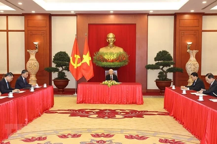 Chiều 31/3, tại Trụ sở Trung ương Đảng, Tổng Bí thư Nguyễn Phú Trọng điện đàm với Thủ tướng Cộng hòa Liên bang Đức Olaf Scholz. (Ảnh: Trí Dũng/TTXVN)