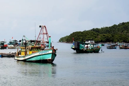 Tàu cá trên vùng biển thành phố Hà Tiên. (Ảnh: Hồng Đạt/TTXVN)