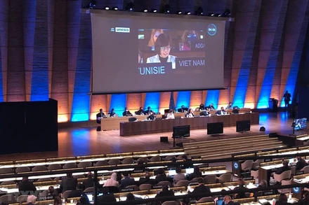 Đại sứ Lê Thị Hồng Vân, Trưởng Phái đoàn thường trực Việt Nam bên cạnh UNESCO phát biểu tại phiên họp. (Ảnh : UNESCO/TTXVN)