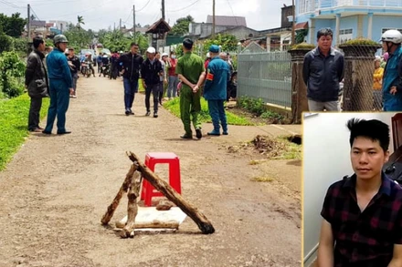 Lực lượng chức năng tại hiện trường vụ án và nghi phạm tại cơ quan công an.