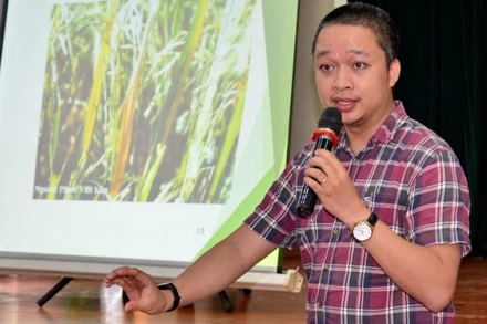 Ông Trịnh Bá Huy, Giám đốc Công ty cổ phần sinh thái Nông Việt hướng dẫn bà con xử lý rơm rạ bằng chế phẩm sinh học.