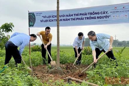 Các đại biểu tham gia trồng cây xanh bảo vệ môi trường.