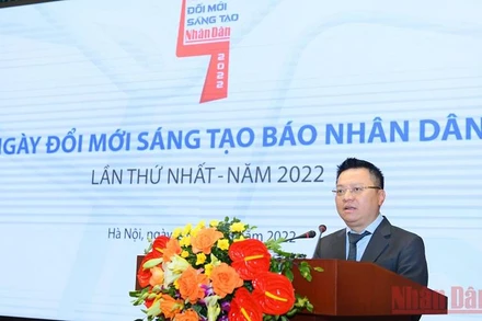 Đồng chí Lê Quốc Minh phát biểu tại Ngày đổi mới sáng tạo Báo Nhân Dân lần thứ nhất - năm 2022.
