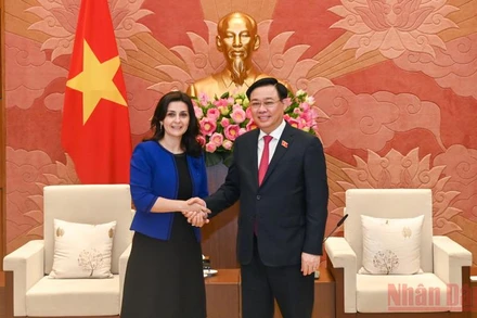 Chủ tịch Quốc hội Vương Đình Huệ và Đại sứ Bulgaria Marinela Petkova tại buổi tiếp. (Ảnh: DUY LINH)