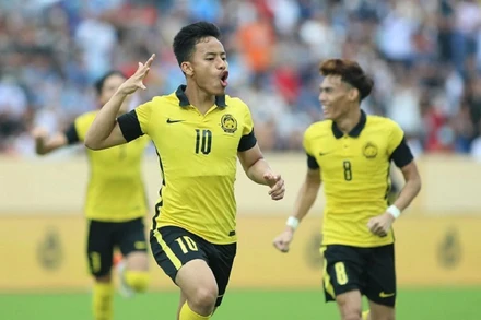 Tiền đạo Luqman Hakim ăn mừng sau khi ghi bàn thắng mở tỷ số cho U23 Malaysia. (Ảnh: 24h.com.vn)